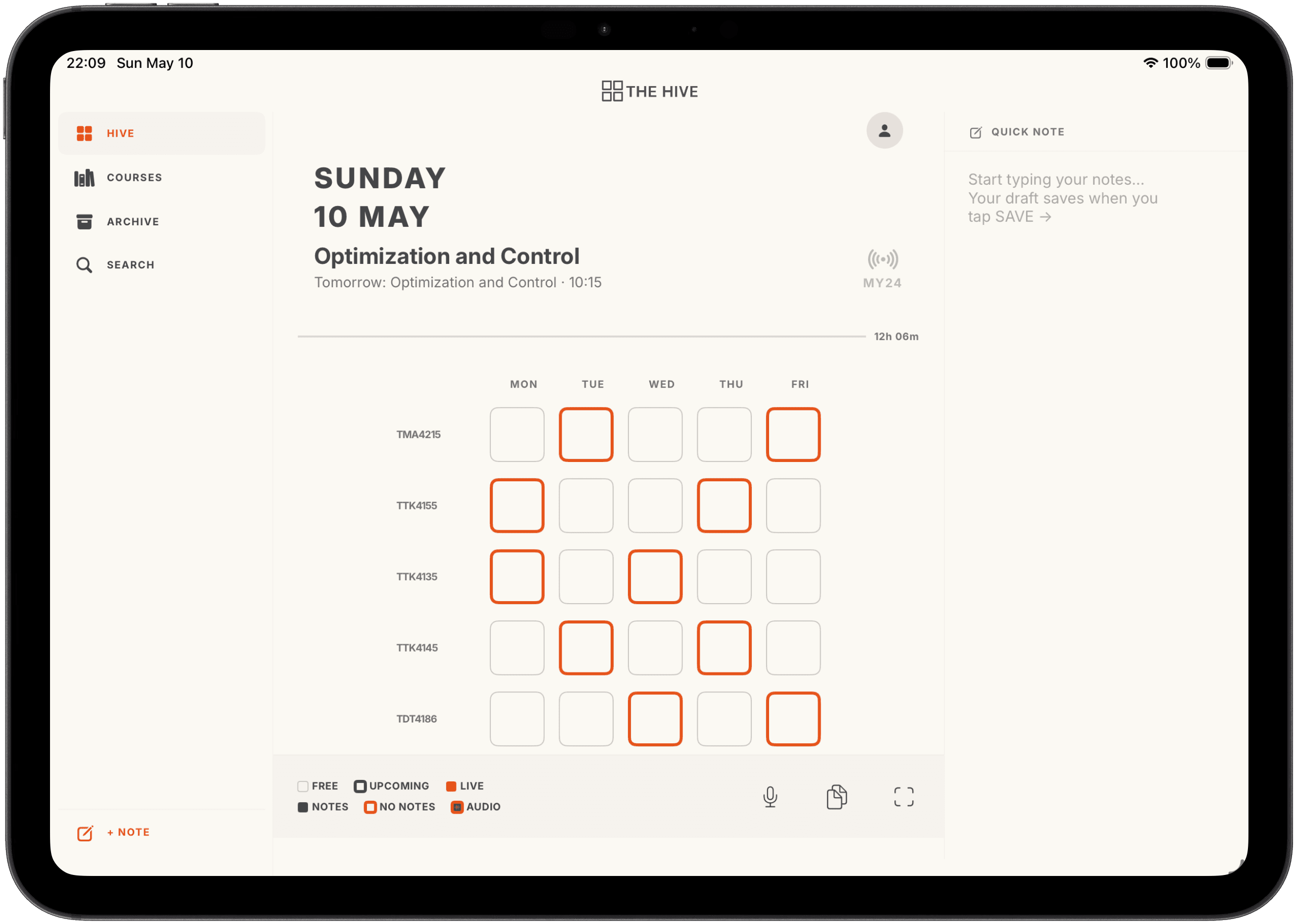 The Hive on iPad Air showing sidebar and schedule grid