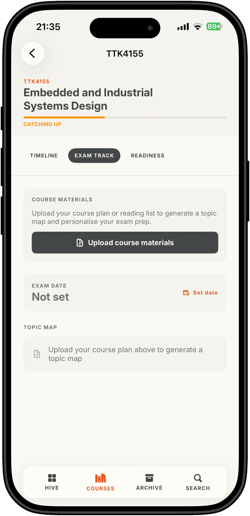 Exam track screen with AI-generated topic map