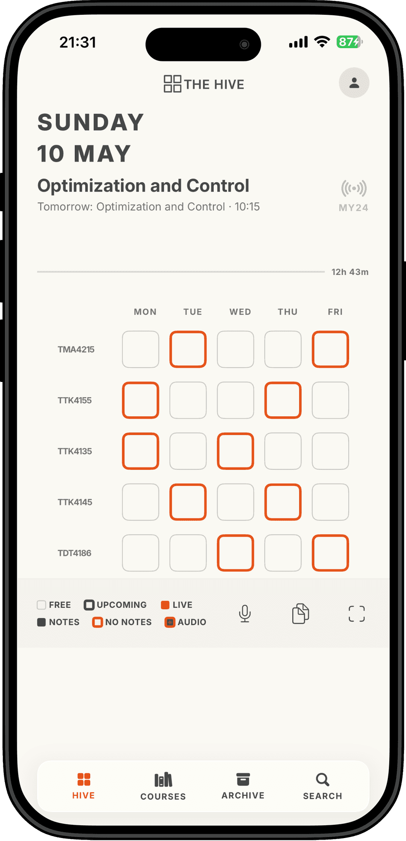 The Hive — weekly lecture grid on the home screen